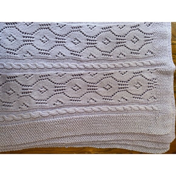 Handmade Knit Throw Blanket Light Purple 70"x80" With Diamond & Cable Pattern - Picture 6 of 6